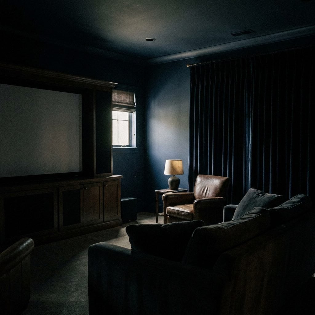 Large evening home theater painted deep navy with only a few weak ceiling fixtures leaving the perimeter dark.