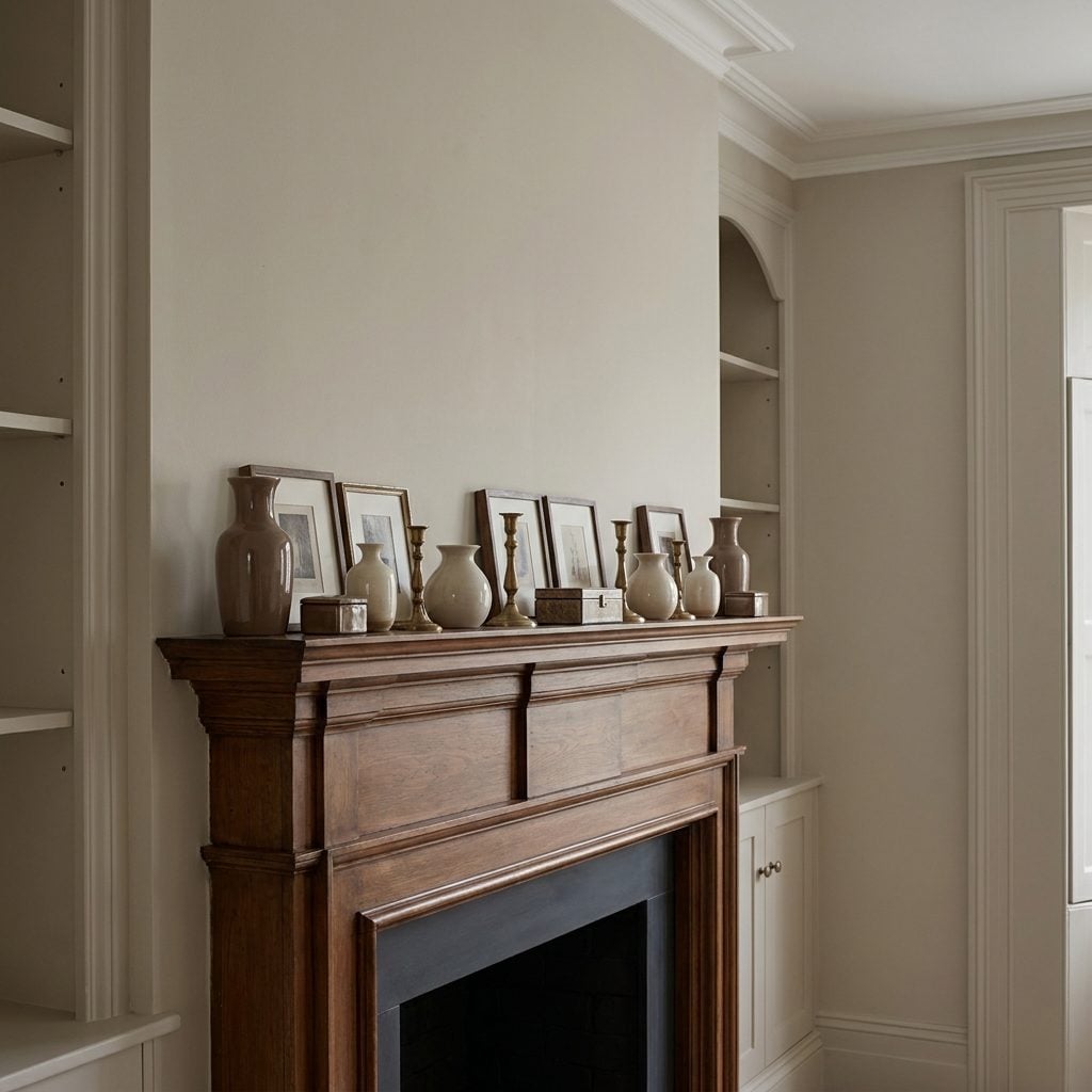 Wooden mantel with eight decorations all reaching exactly the same height in a flat row.