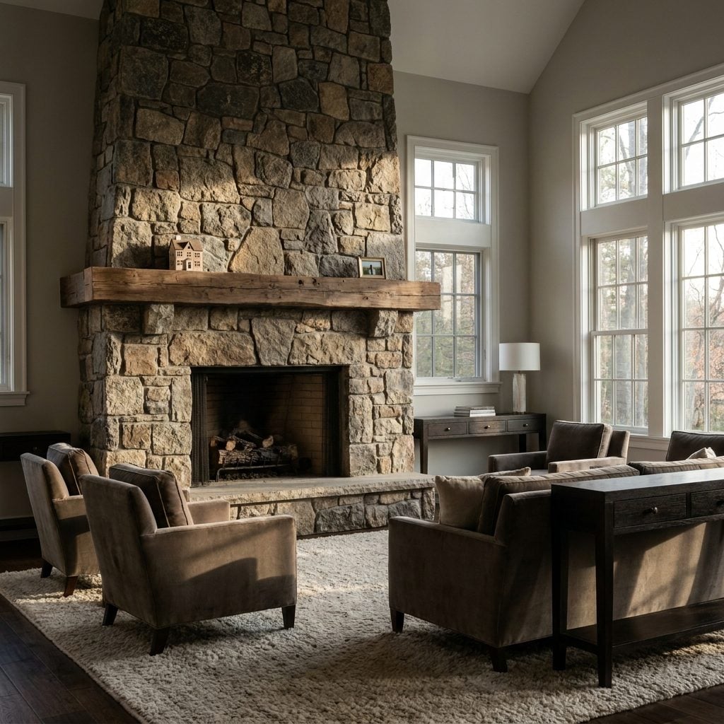 Tall stone floor-to-ceiling fireplace with only a few tiny votives and a small ceramic house lost on the wide mantel.