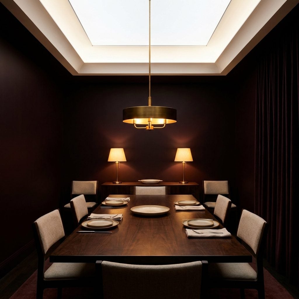 Enormous formal dining room painted deep burgundy with only two windows and brown-black far corners.