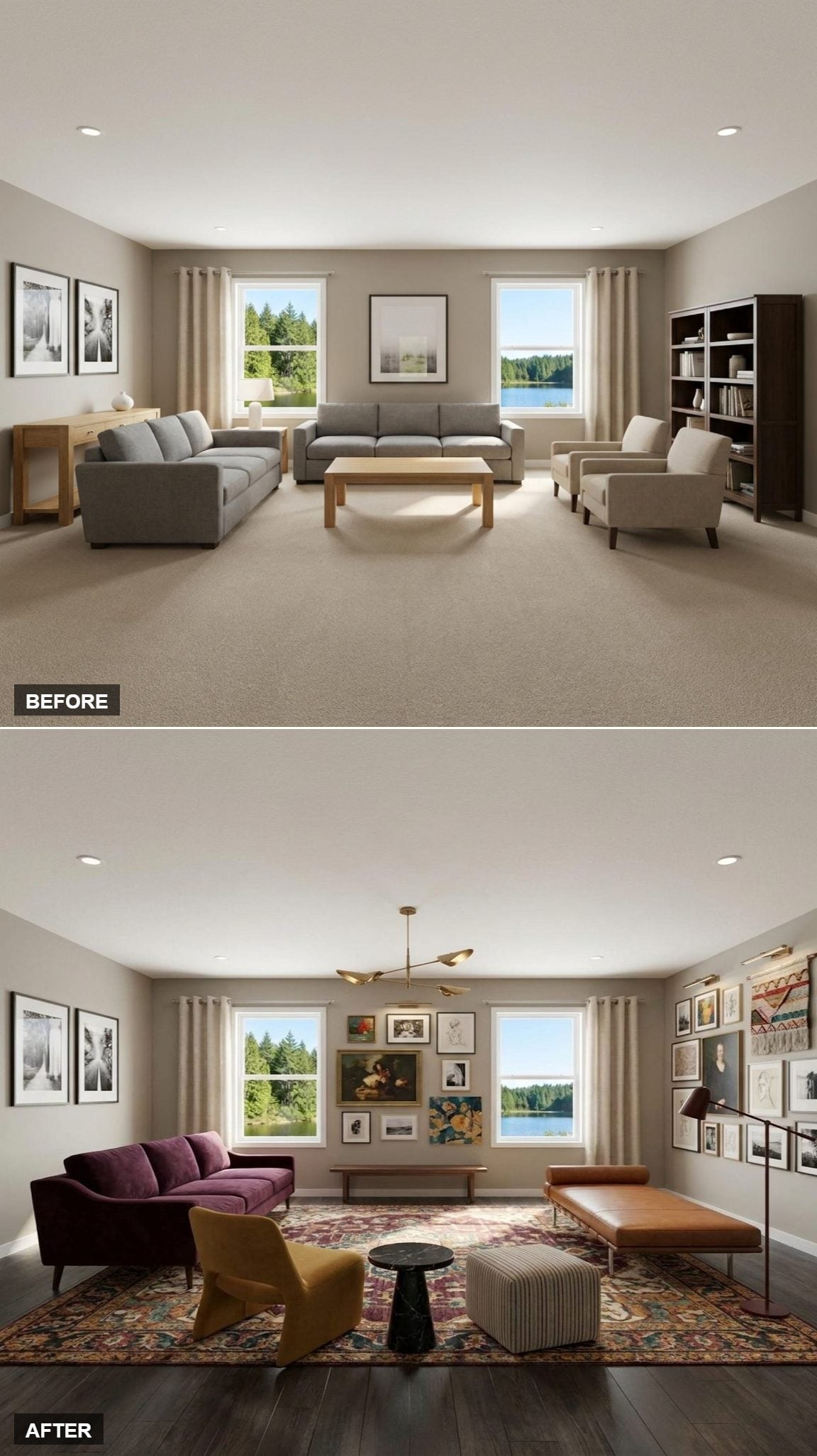 Deep Plum Velvet Sofa Floats Center-Room Beneath a Floor-to-Ceiling Salon-Style Gallery Wall