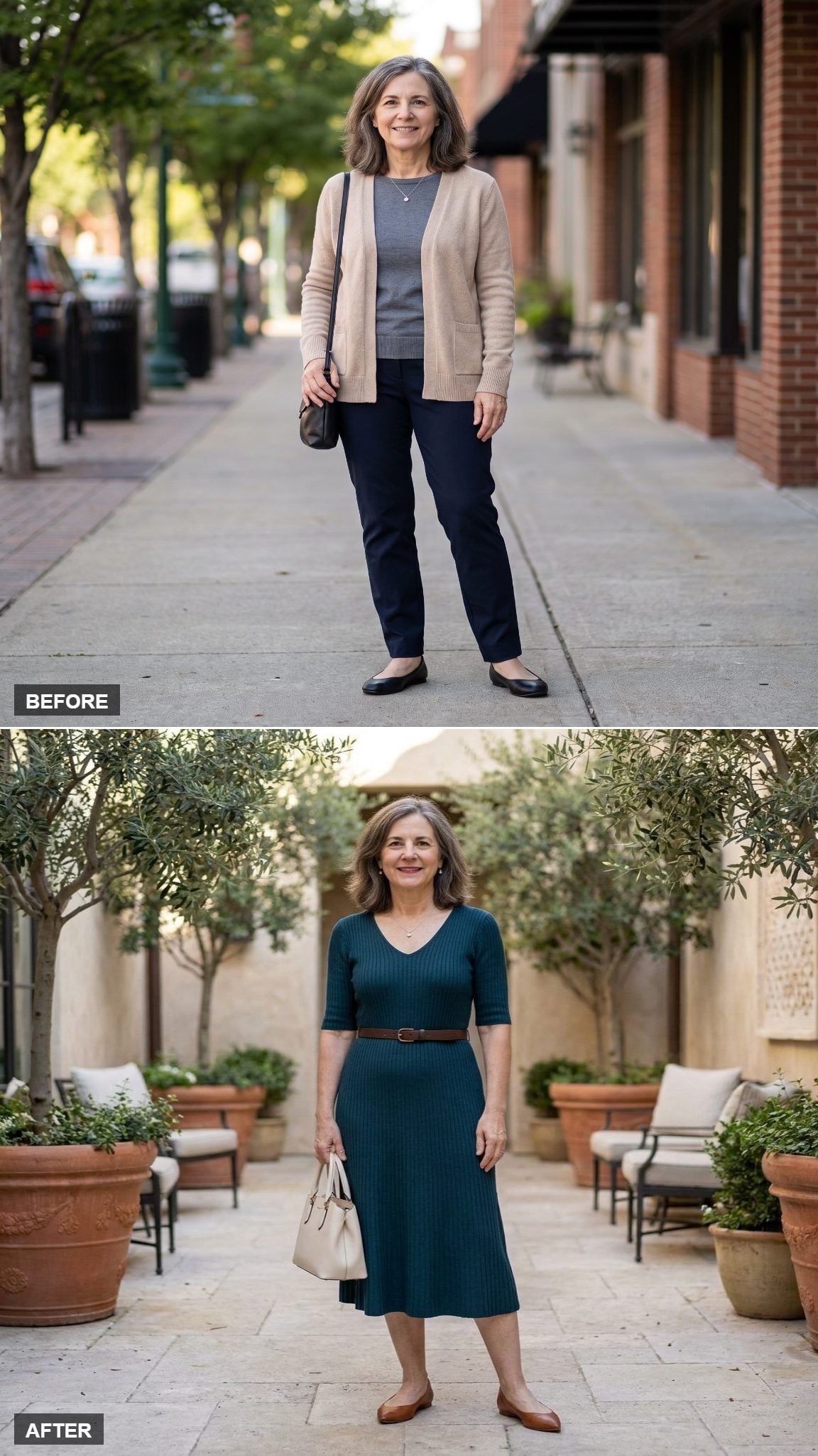 Deep-Teal Ribbed Knit Dress and Cognac Flats in a Boutique Hotel Courtyard