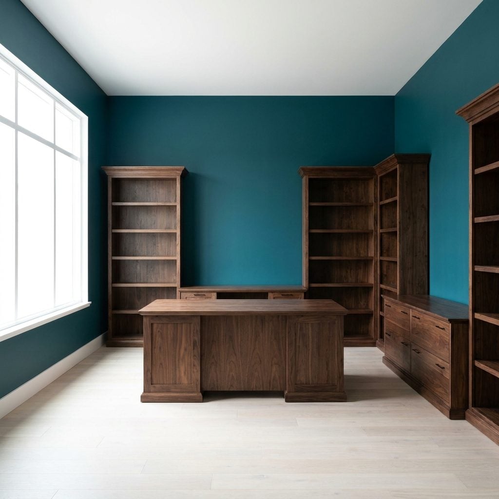 Large living room with dark walnut furniture and deep brown leather sofa against equally deep teal walls.