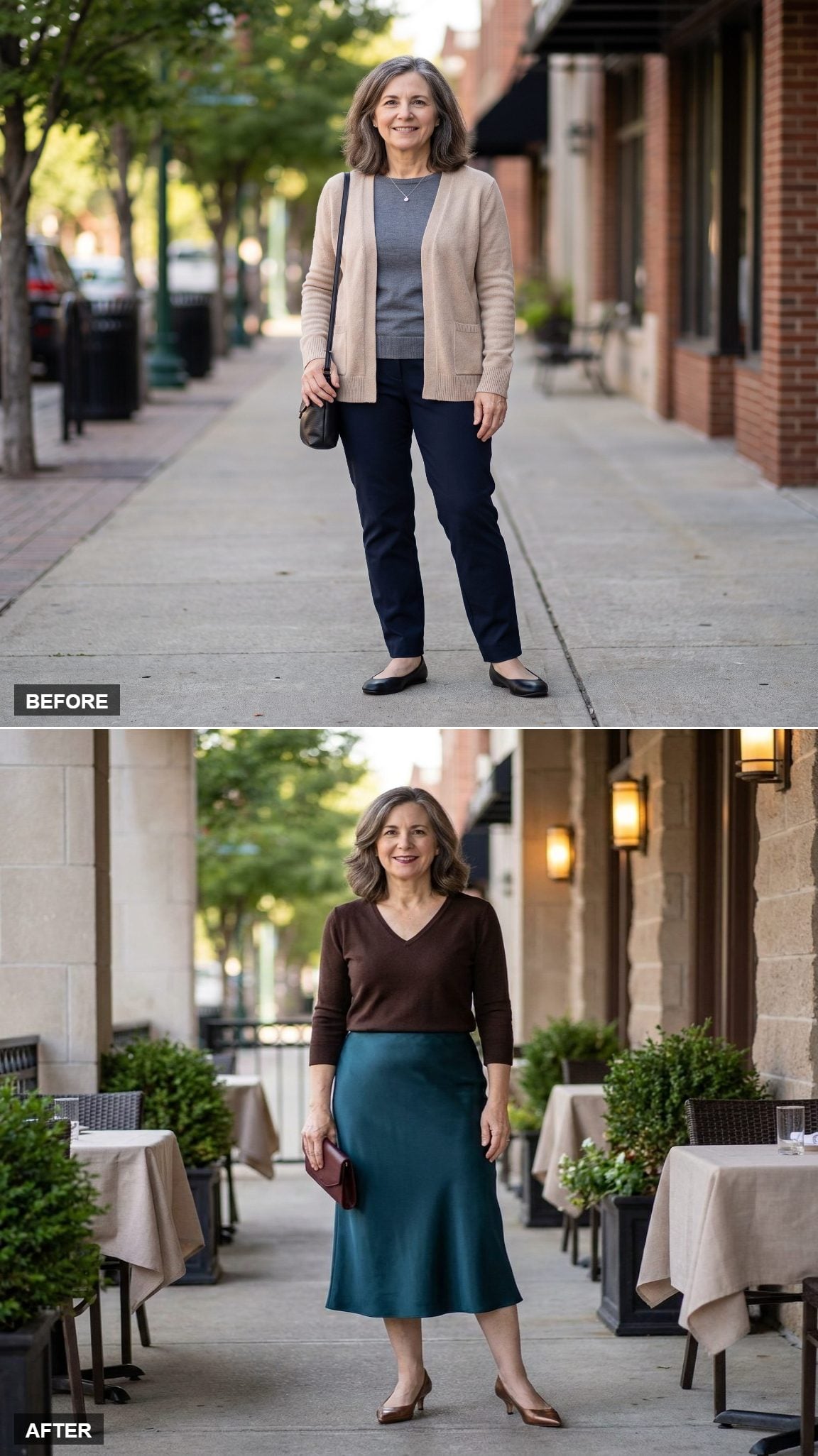Deep-Teal Satin Skirt and Chocolate Knit on the Restaurant Terrace