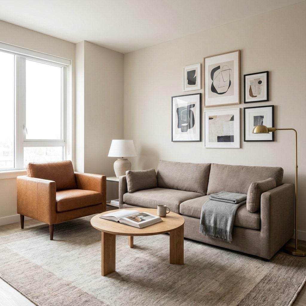 Evening living room lit by a single overhead ceiling fixture with the table and floor lamps switched off.