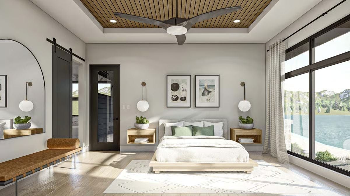 Floating Nightstands, Globe Sconces, and a Tray Ceiling That Ties It Together