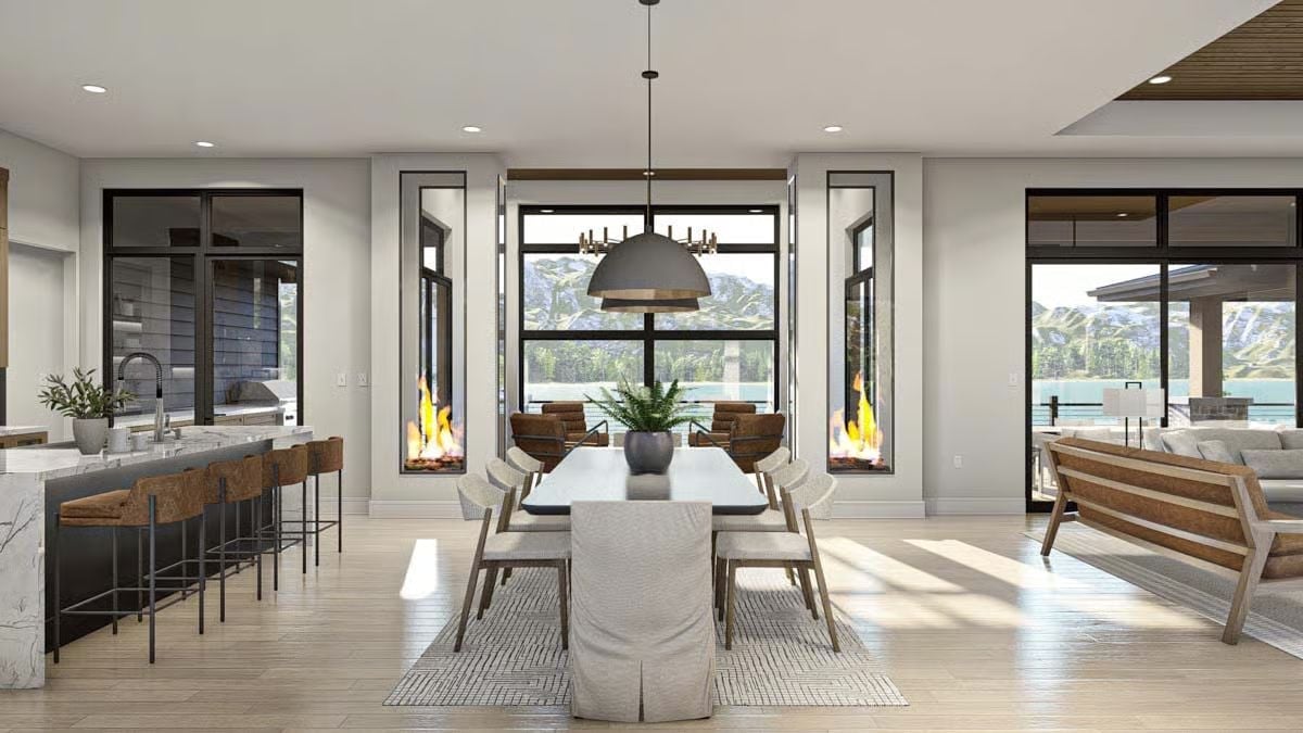 Open-Plan Dining Where Twin Fireplaces Pull the Eye Before the View Does