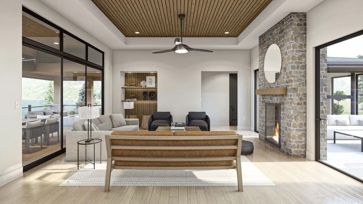 Stone Chimney Breast, Wood Ceiling, and a Bench That Earns Its Place at the Center