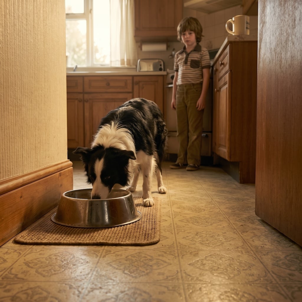 Child feeding the family dog as part of the daily chores