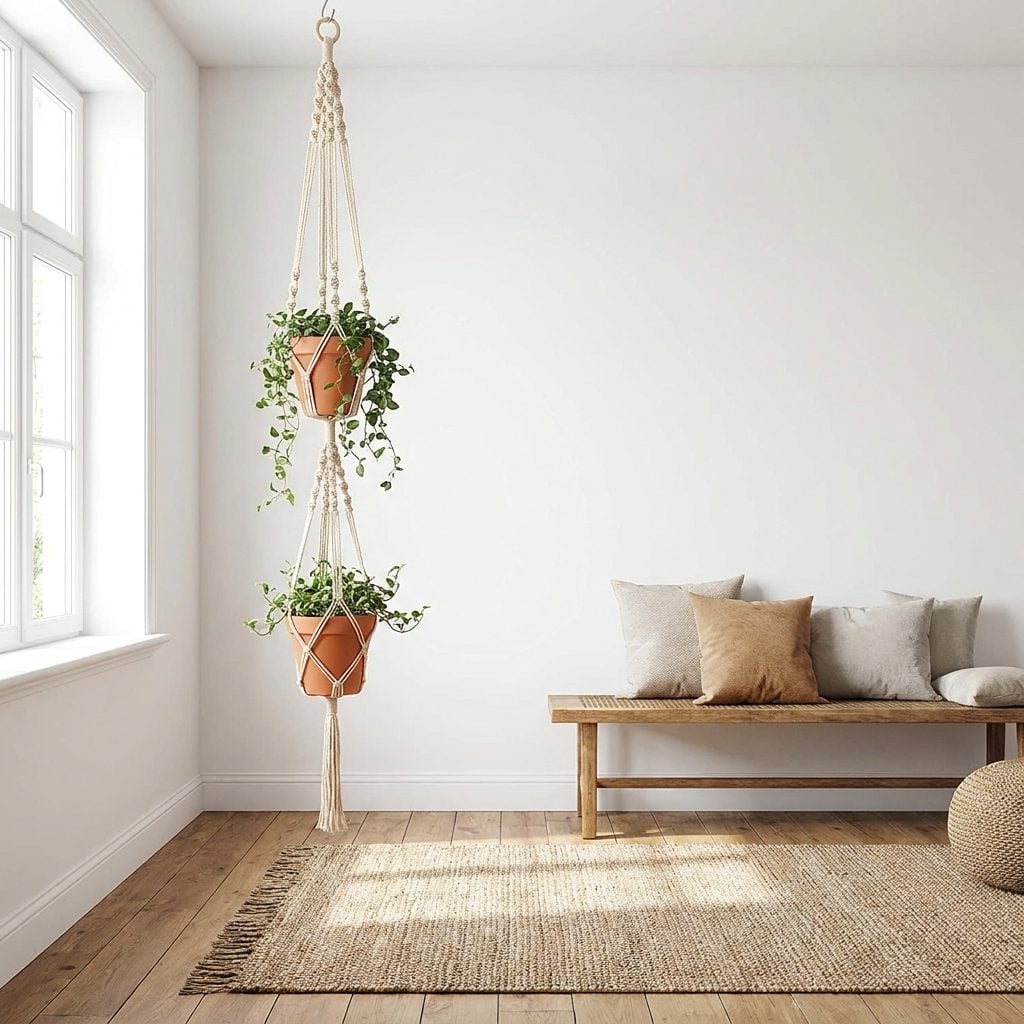 Double macramé plant hanger holding two matching pots