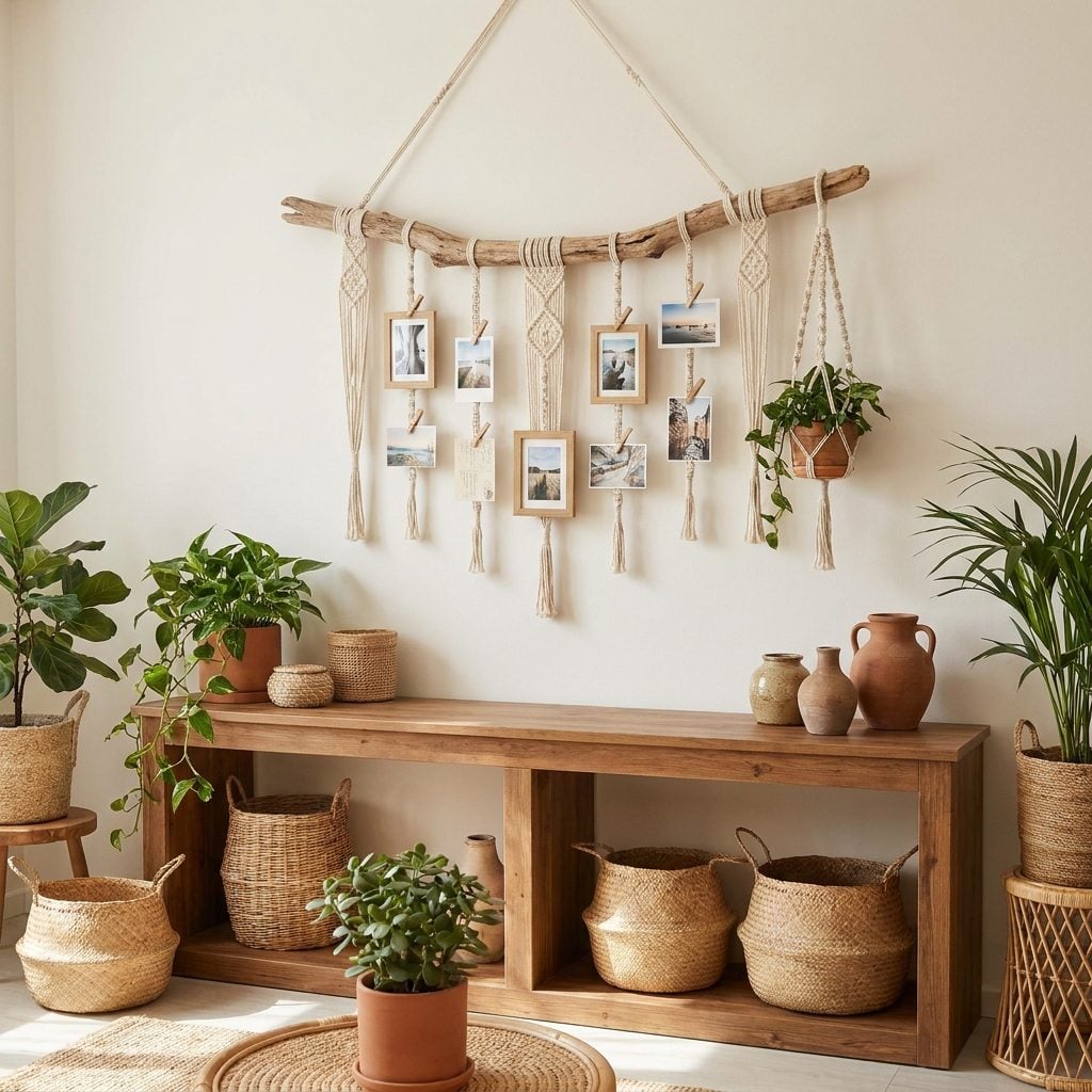 Driftwood and macramé display holding family photographs