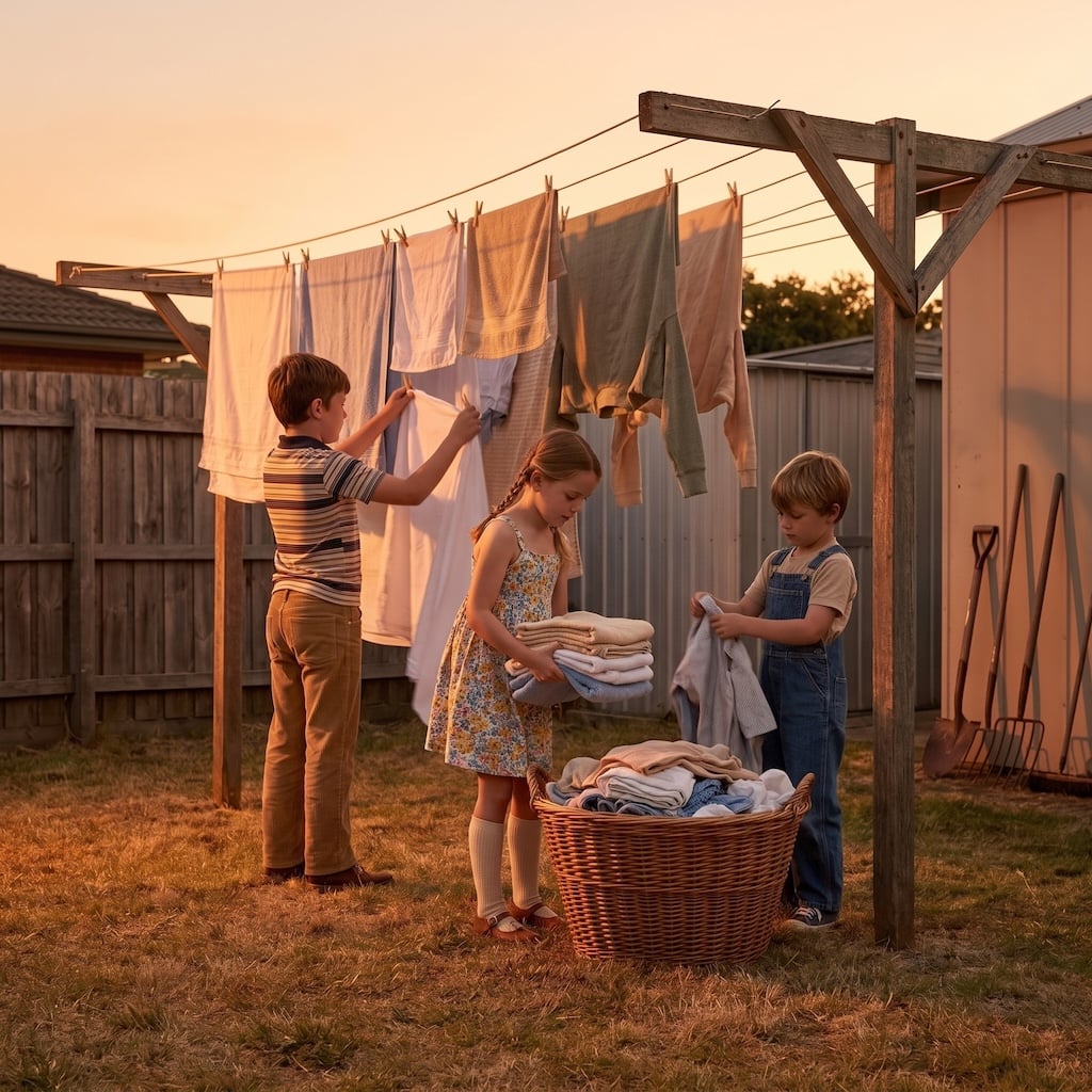 A child bringing dry laundry inside before evening dew settles