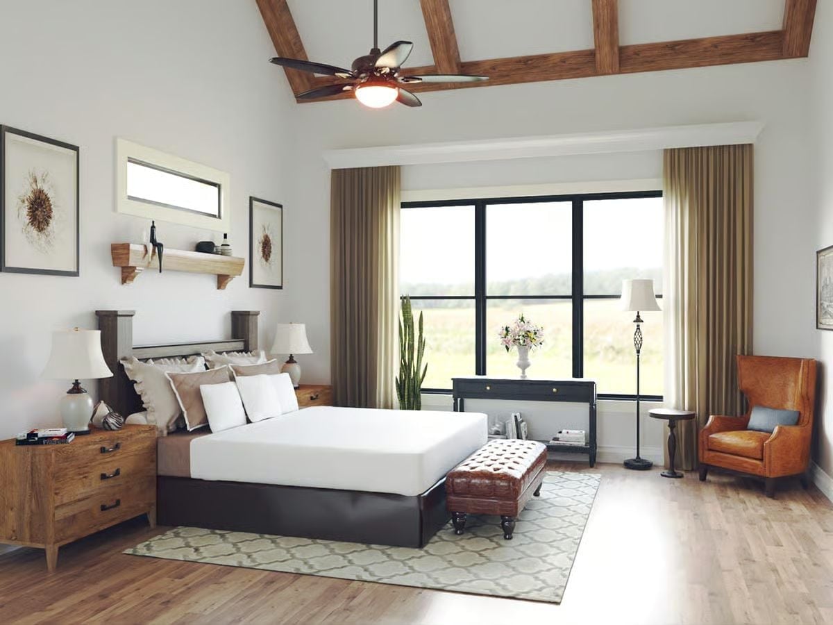 Coffered Timber Ceiling, Leather Bench, and a View That Does the Decorating
