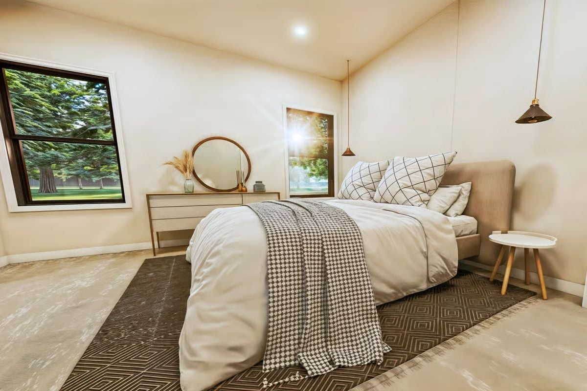 Pendant Lights Hung Low Over the Bed Pull the Ceiling Down to a Human Scale