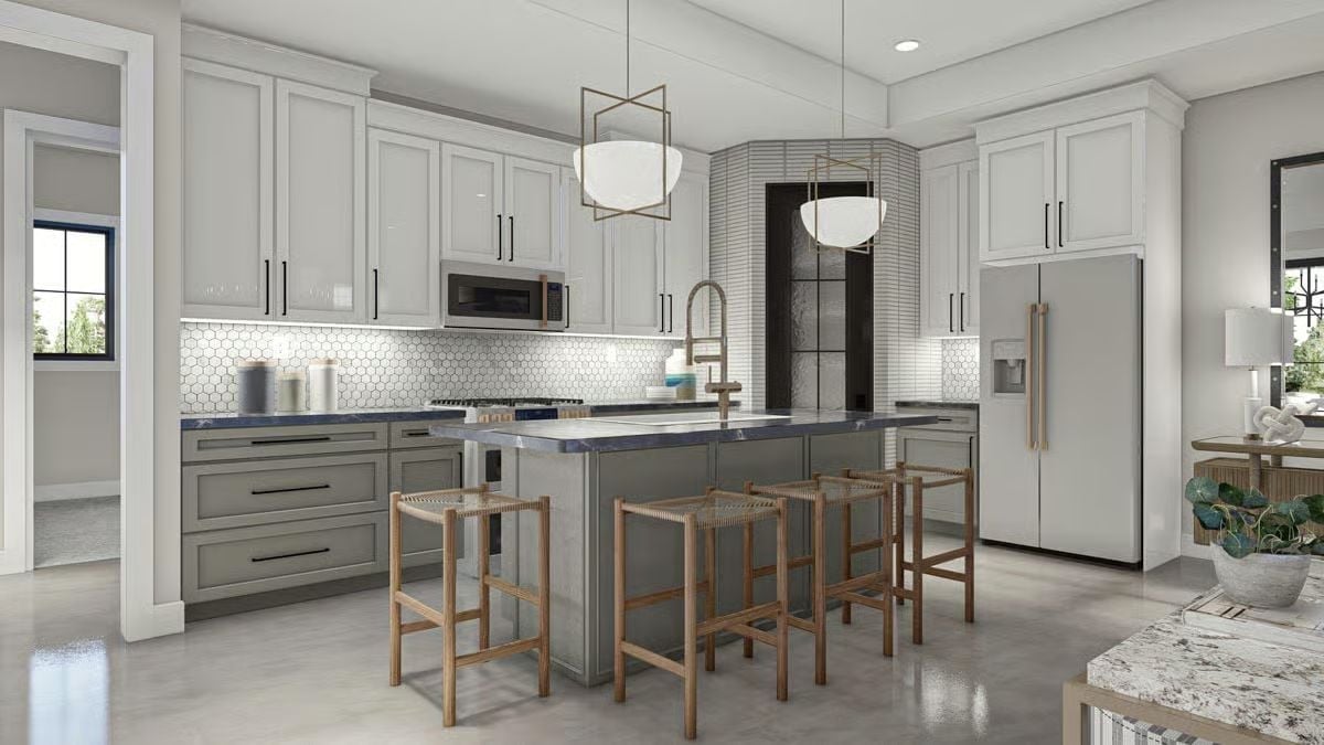 Dark Marble Counters, Woven Stools, and a Fridge That Pulls Its Weight