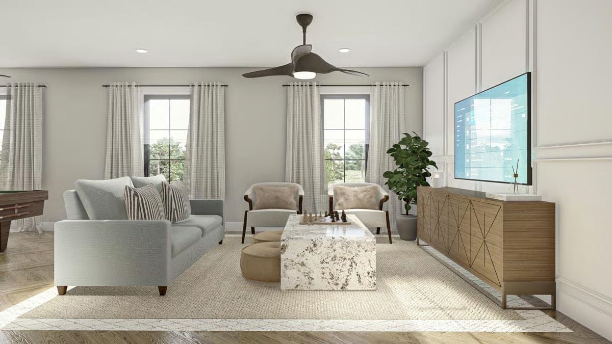 Marble Coffee Table, Suede Chairs, and a Ceiling Fan That Actually Fits the Room