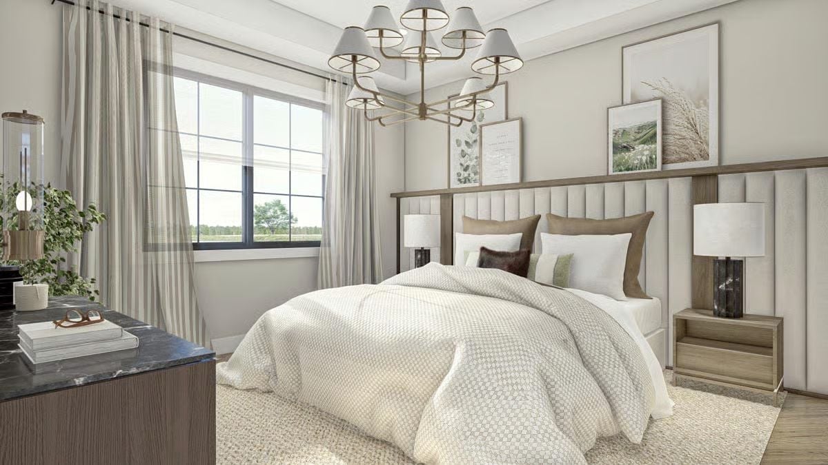 Upholstered Headboard, Brass Chandelier, and Bedding Worth Staying In