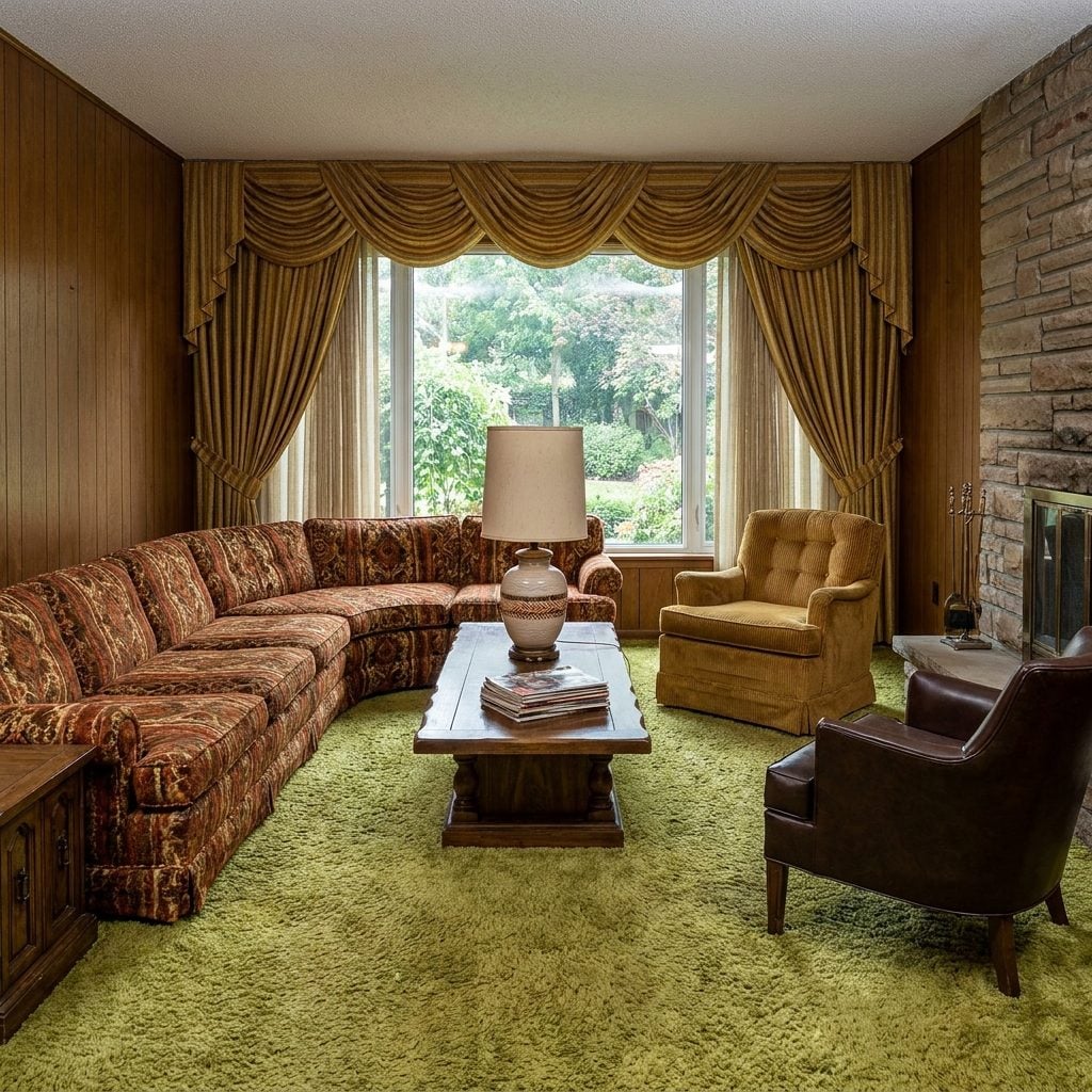 Earth-Tone Upholstery in Rust, Brown, Gold, and Avocado