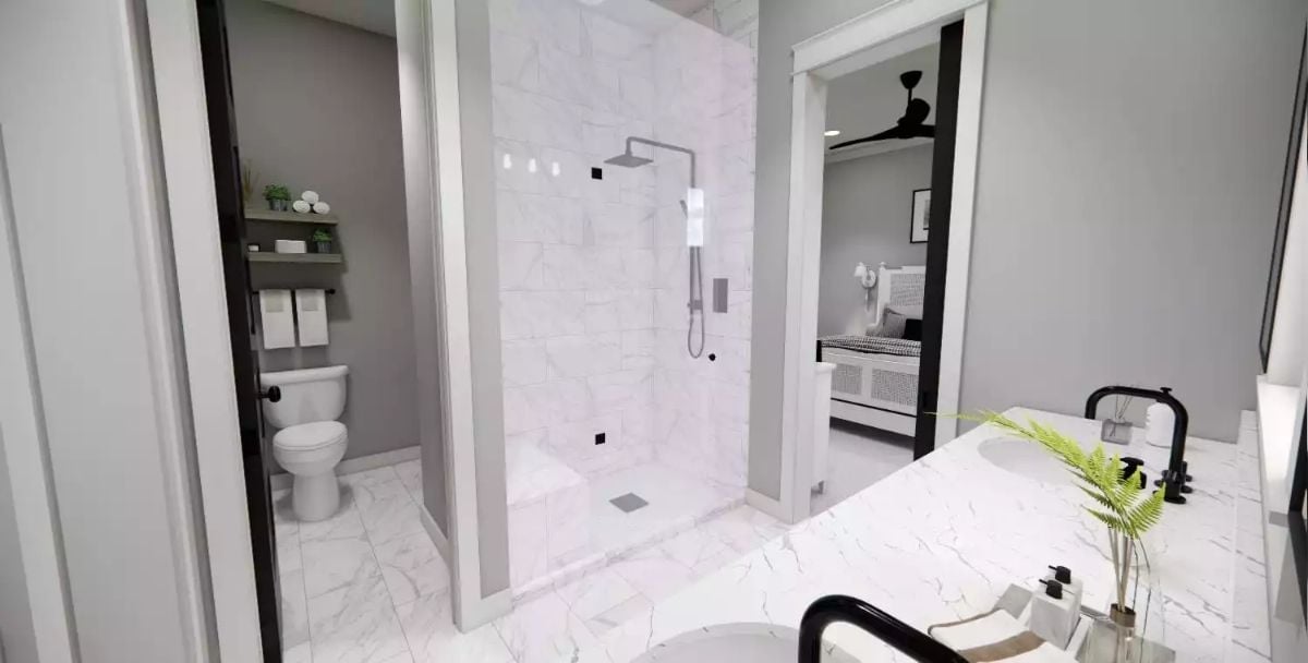 Marble Wet Room With a Separate Water Closet That Actually Closes