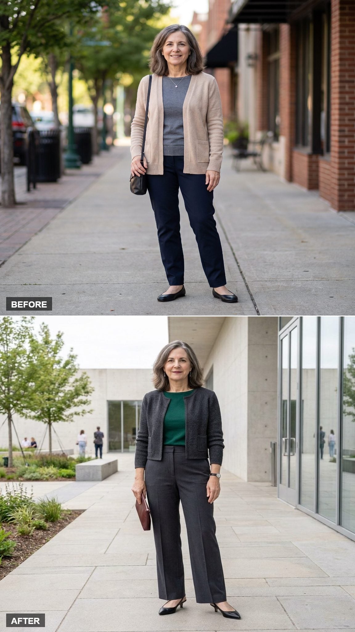 Emerald Knit and Charcoal Wide-Leg Trousers Outside a Contemporary Museum