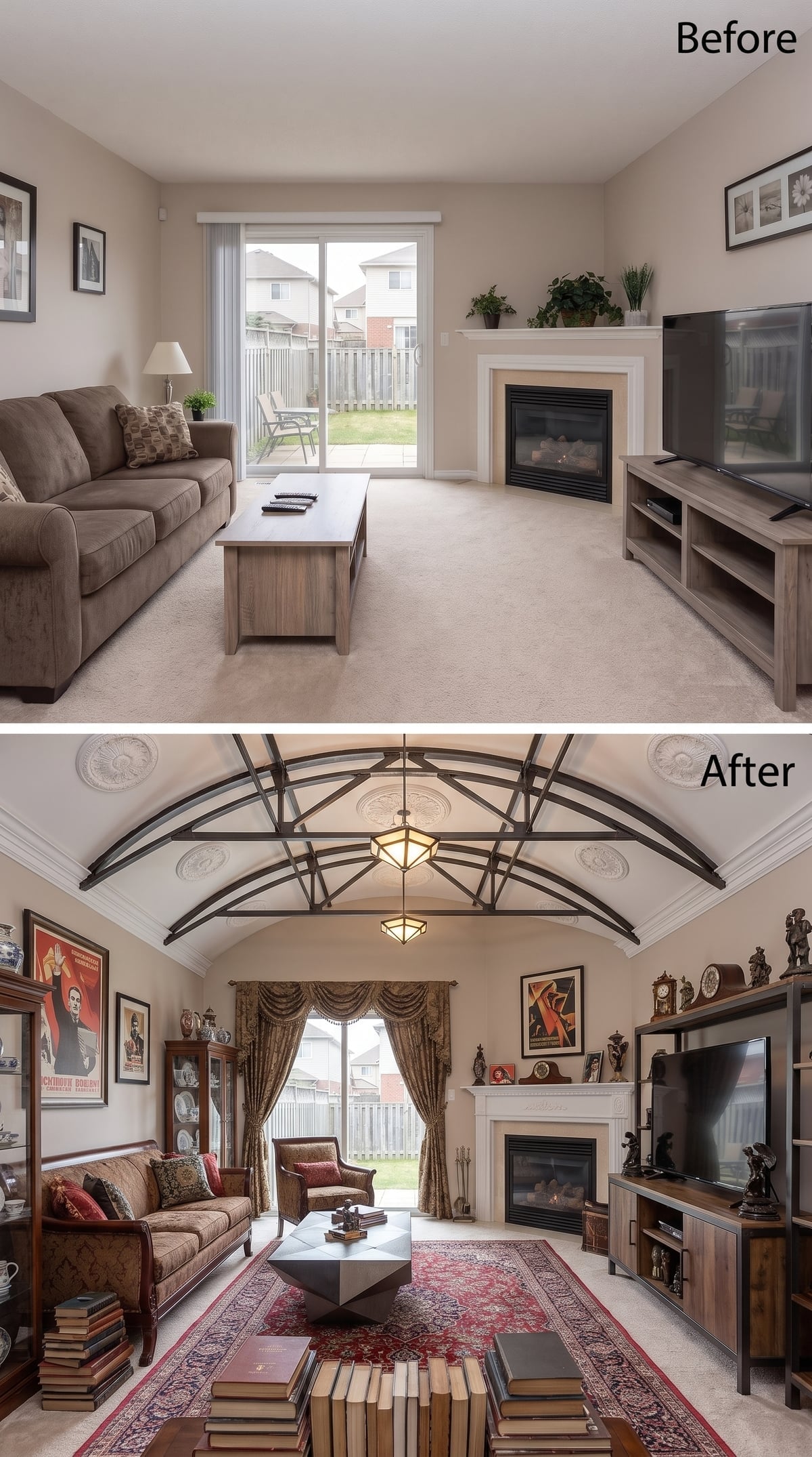 Arched Steel Ceiling Ribs, Soviet-Era Posters, and a Persian Rug That Anchors Everything