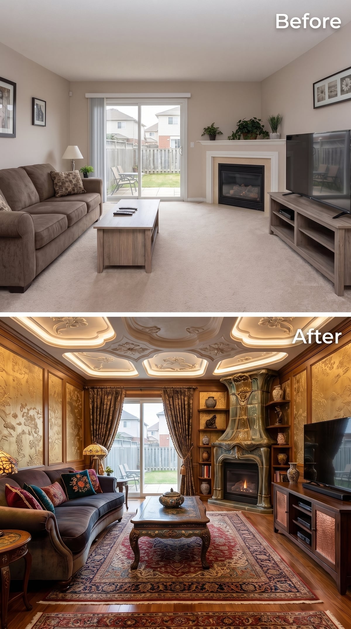 Art Nouveau Fireplace Surround, Gold Silk Walls, and a Ceiling That Finally Has Something to Say