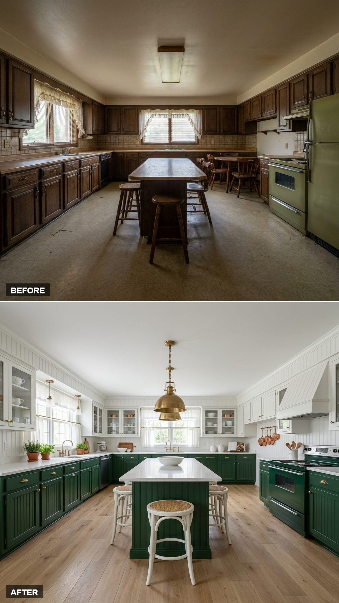 Beadboard Backs, Brass Hardware, and Lower Cabinets That Anchor Without Overpowering