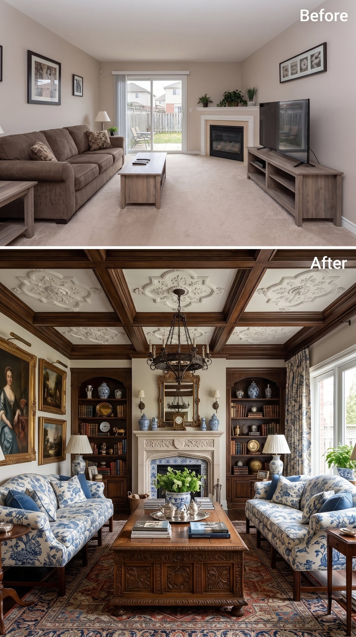 Blue-and-White Toile, Carved Coffered Beams, and a Fireplace Surround Worth the Room