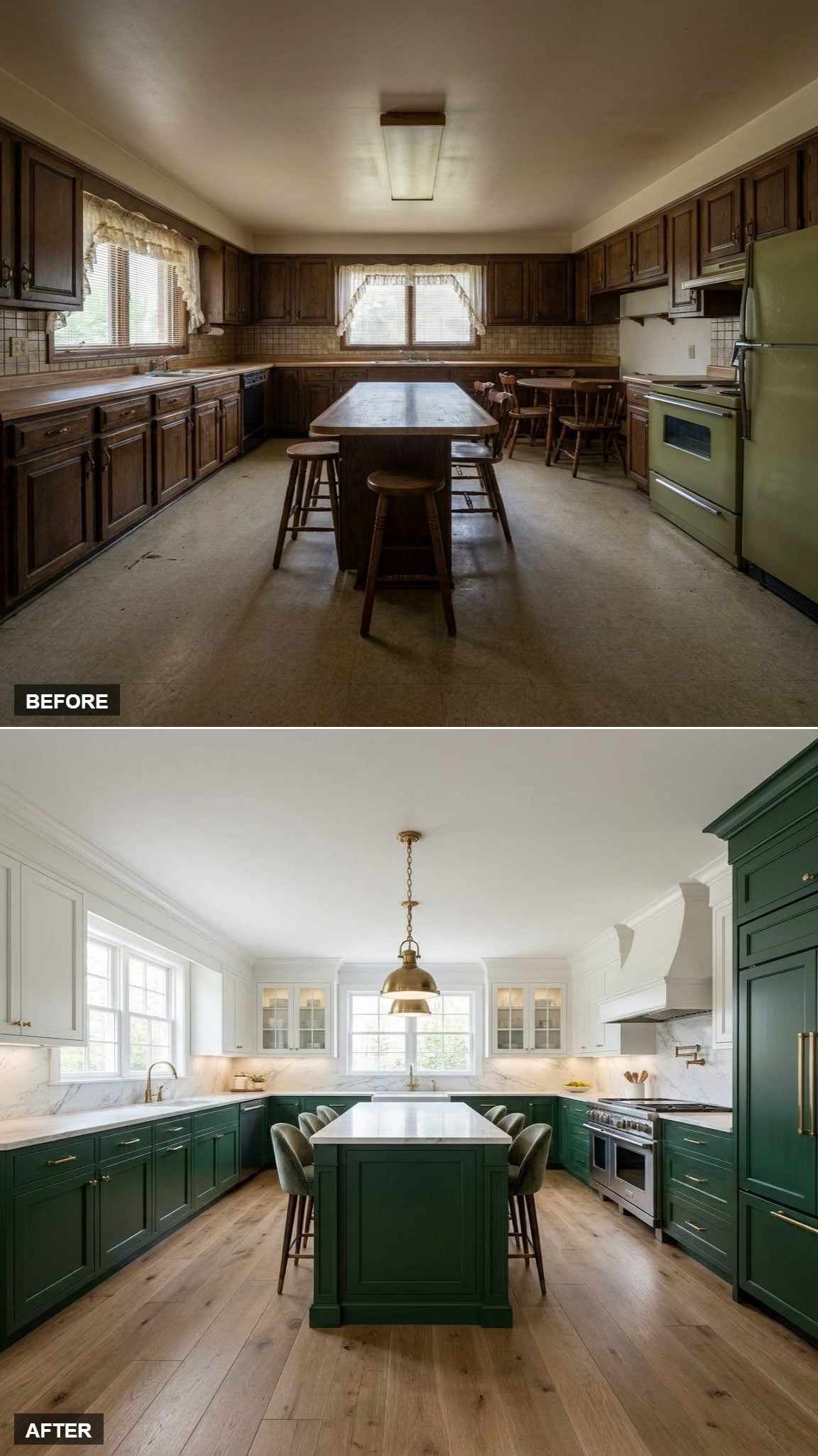 Brass Hardware and a Pendant Light Earn Their Place Against Deep Green Shakers