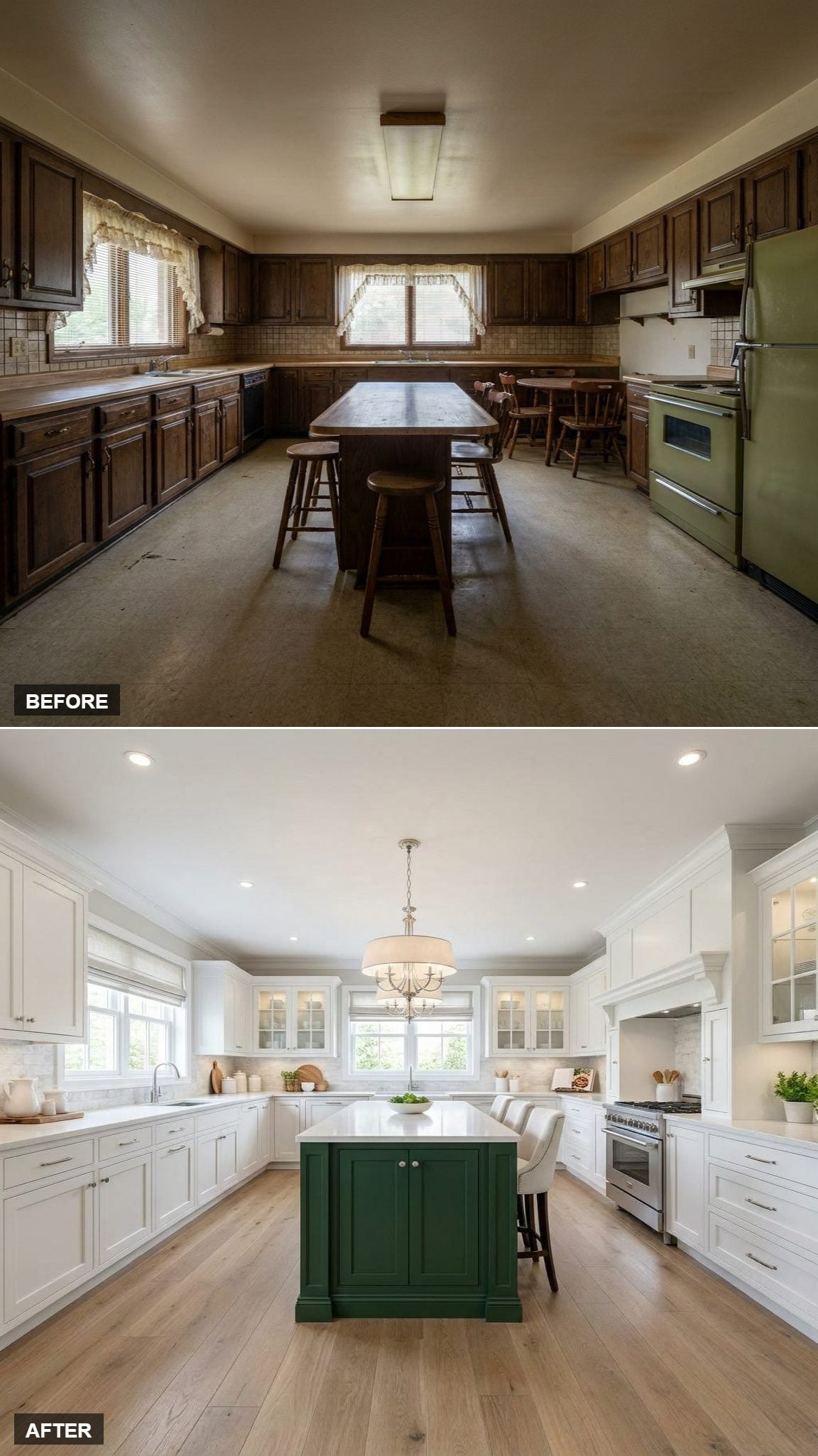 British Racing Green Island, White Shakers, and a Chandelier That Actually Belongs