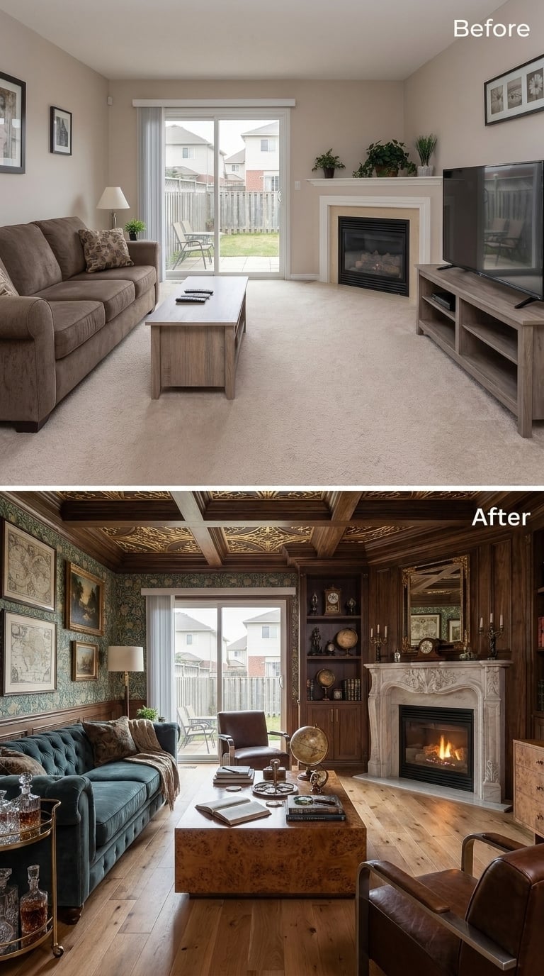 Burlwood Coffee Table, Tufted Velvet, and a Fireplace Surround Worth the Splurge