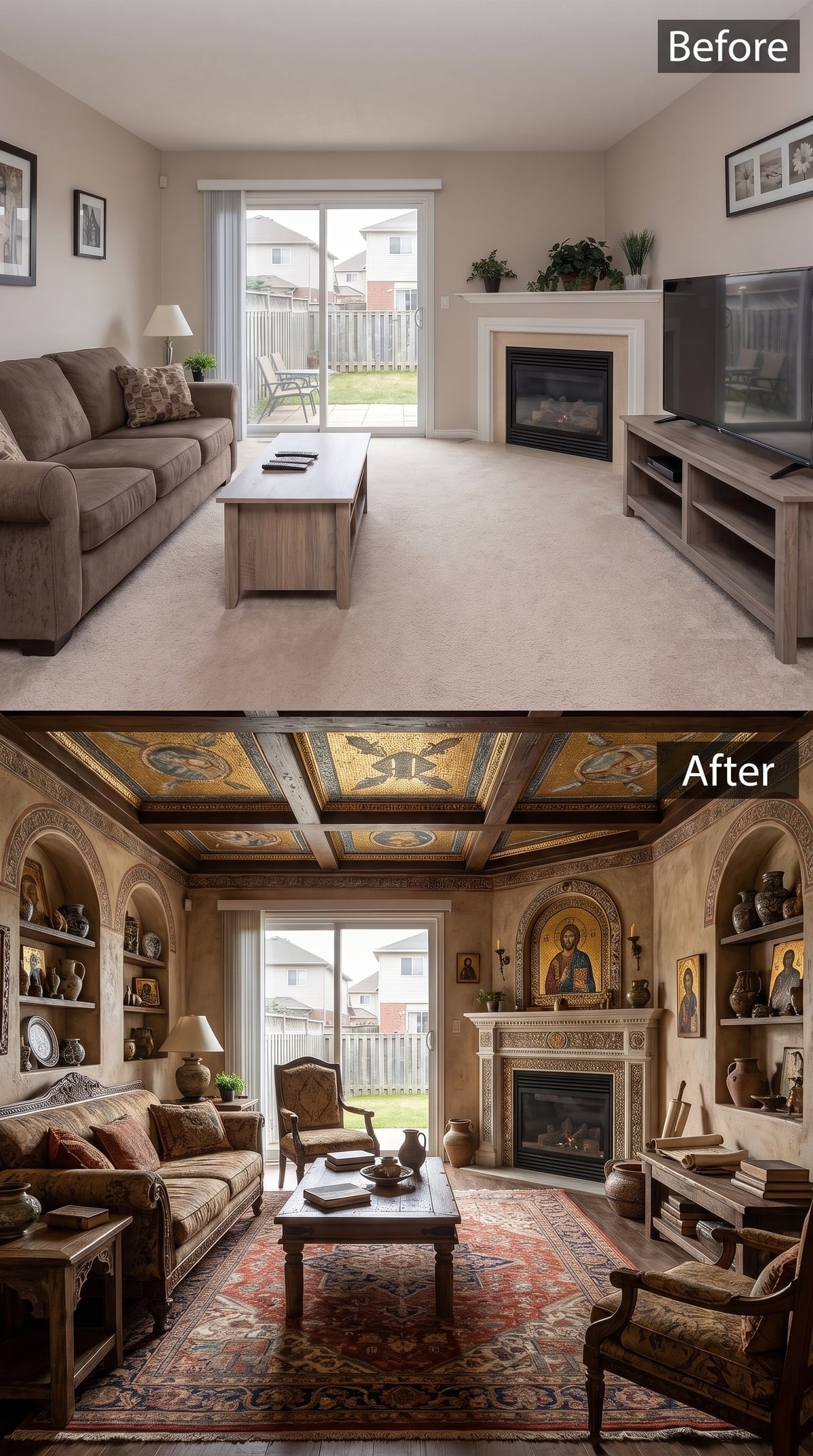 Byzantine Ceiling Mosaics, Arched Niches, and a Persian Rug That Ties It All Together