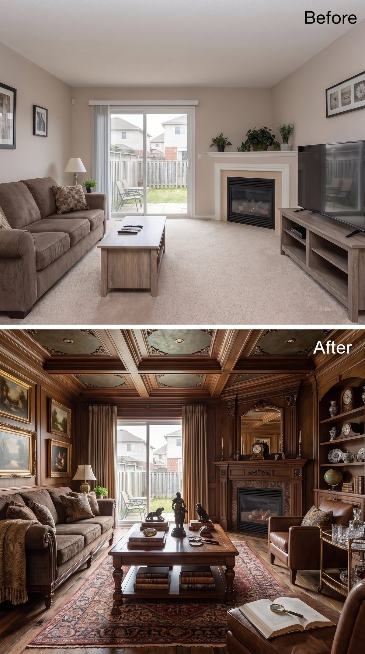 Coffered Fresco Ceiling, Carved Fireplace Surround, and Walnut Paneling That Commands the Room