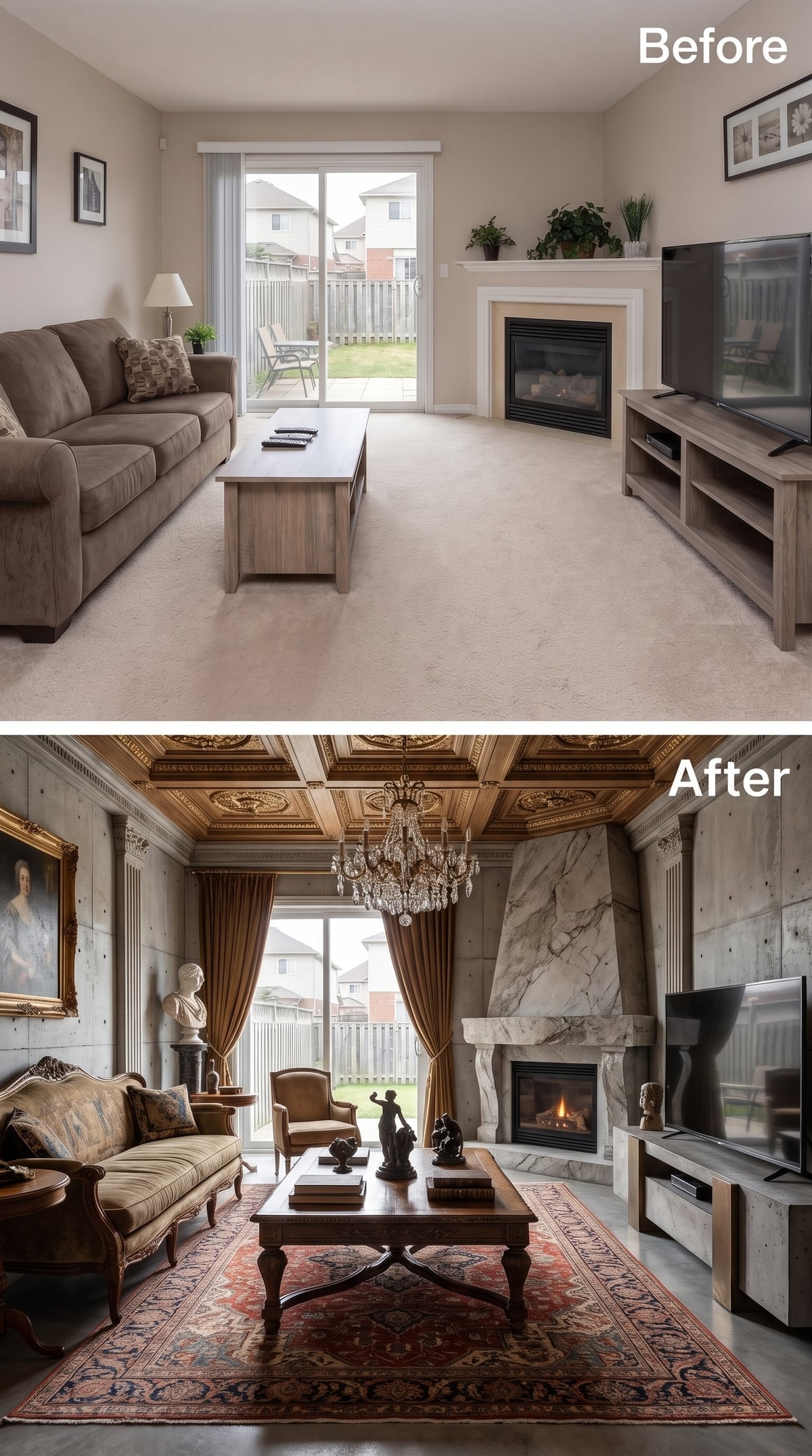 Coffered Gold Ceiling, Marble Fireplace Surround, and Concrete Walls That Shouldn't Work Together But Do