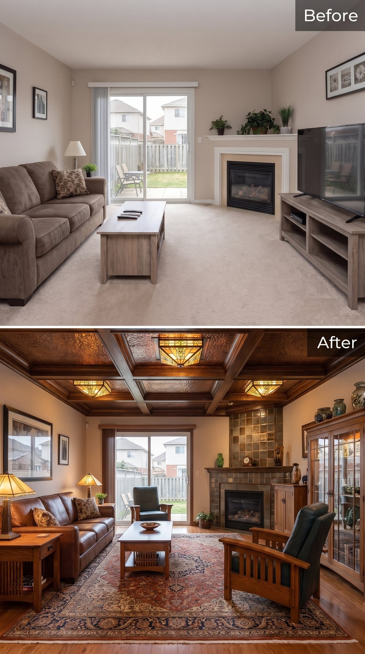 Craftsman Coffered Ceiling, Stained Glass Panels, and Tile That Finally Suits the Fireplace