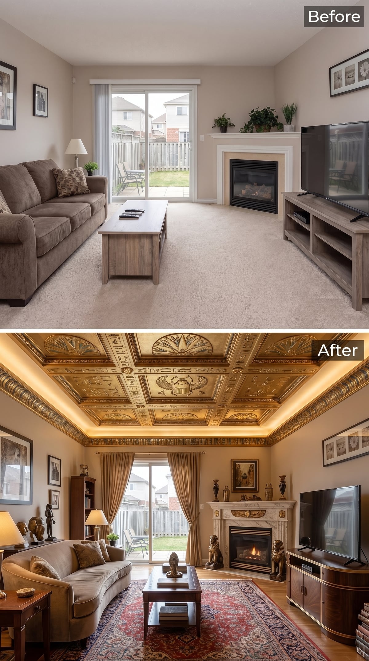 Egyptian Revival Ceiling, Sphinx Guardians, and a Fireplace Surround That Finally Has Authority