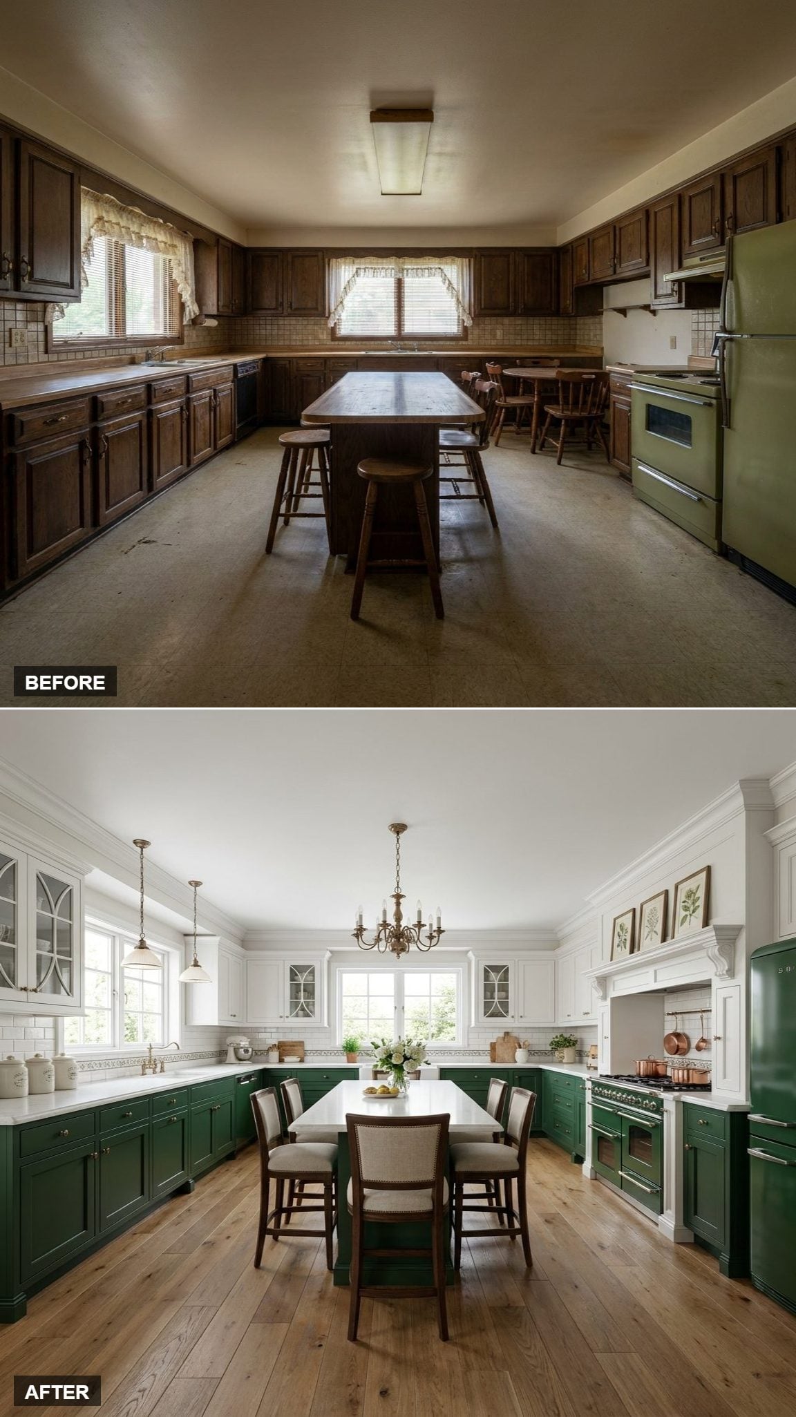 Forest Green and White Found Their Footing Here, and the Chandelier Proved It