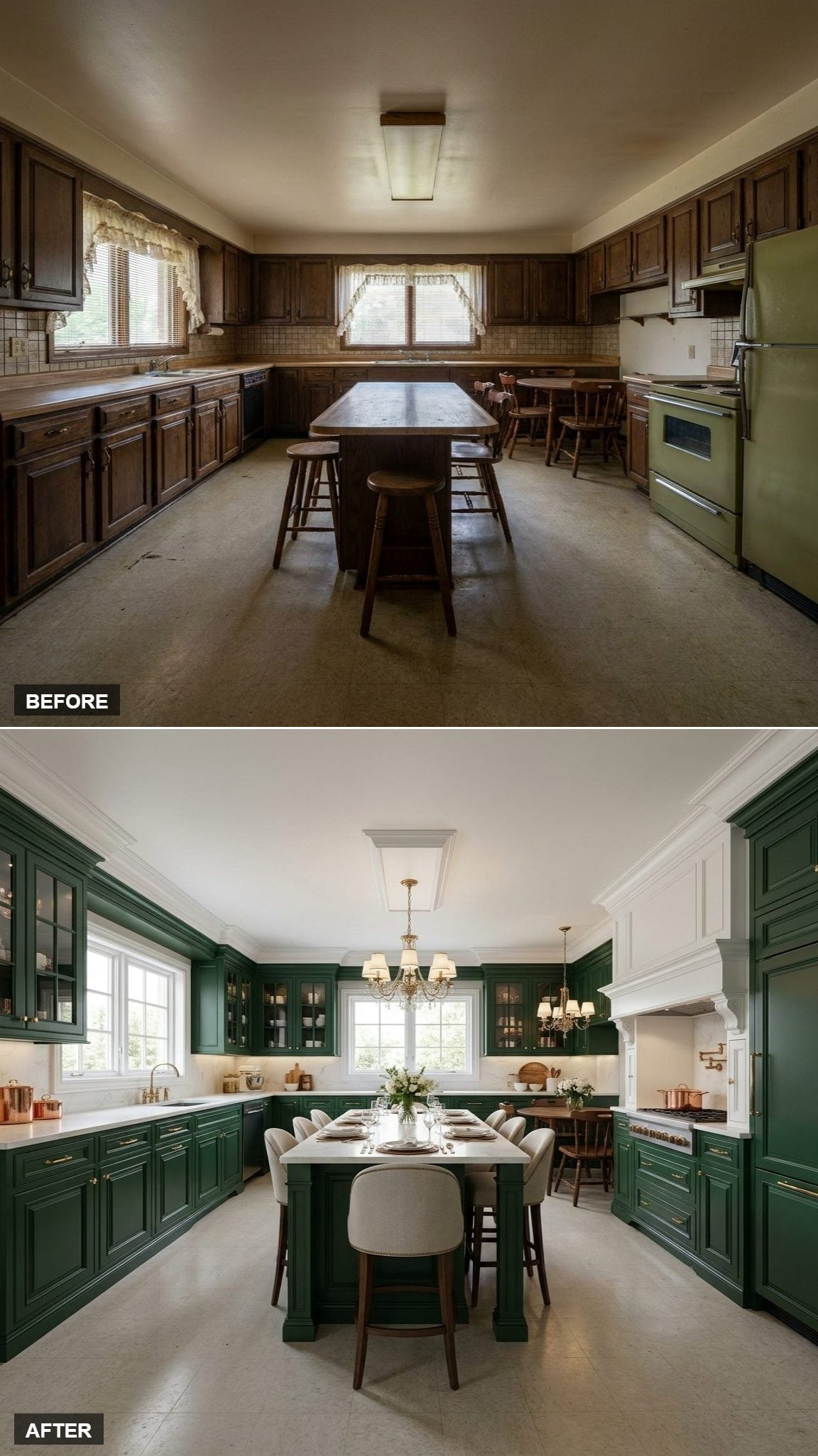 Forest Green Cabinets, a Marble Island, and Chandelier Light That Actually Earns the Space