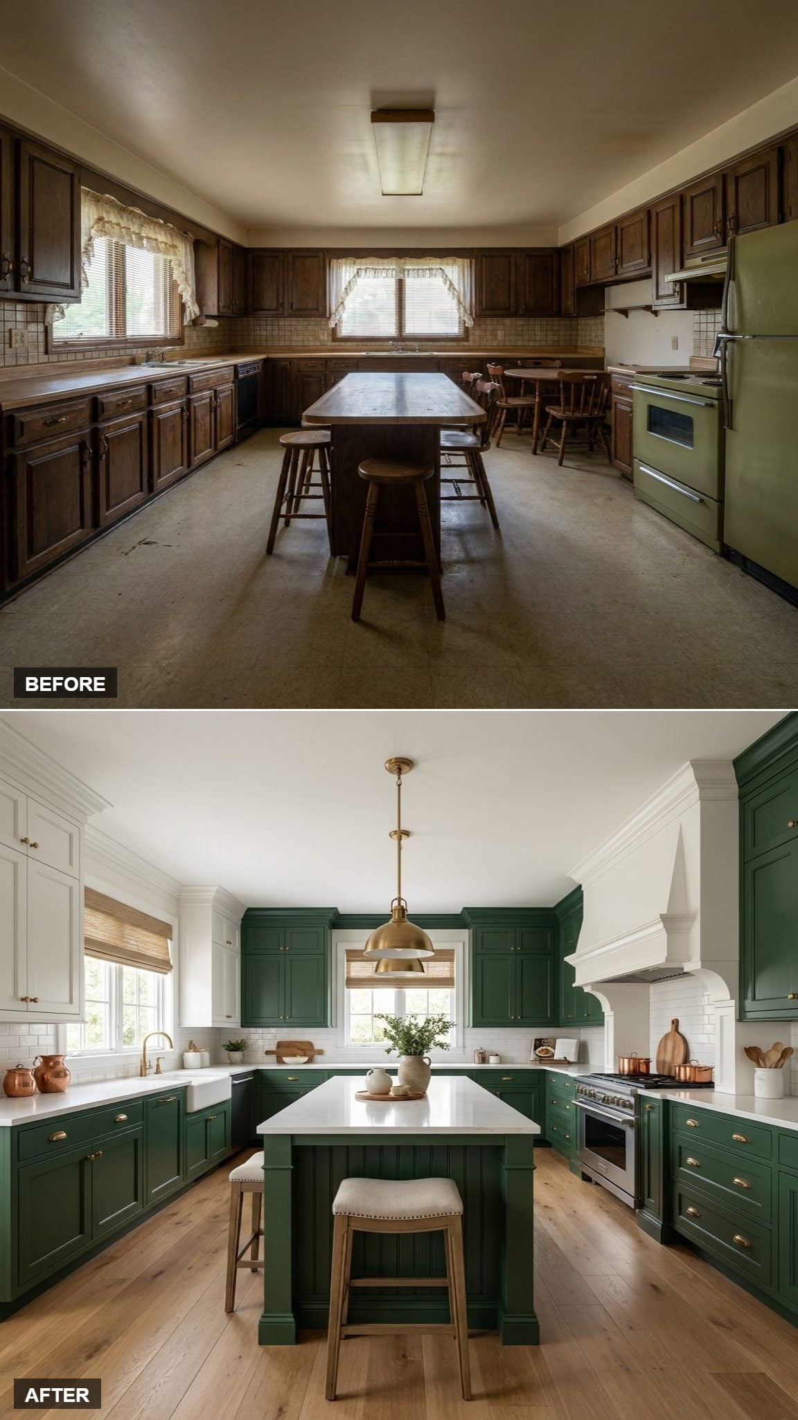 Forest Green Cabinets and a Custom Hood Made the Island Stop Looking Like an Afterthought