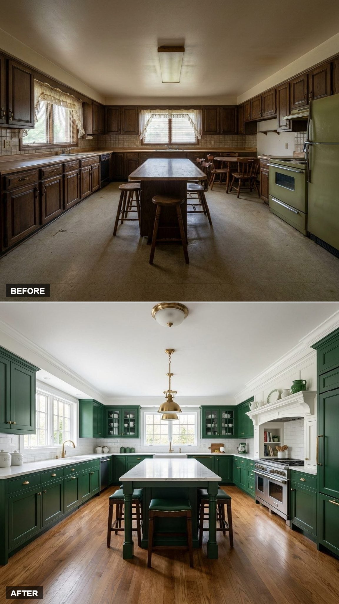Forest Green Cabinets, Brass Pendants, and Hardwood Floors Earned Every Inch of This Kitchen