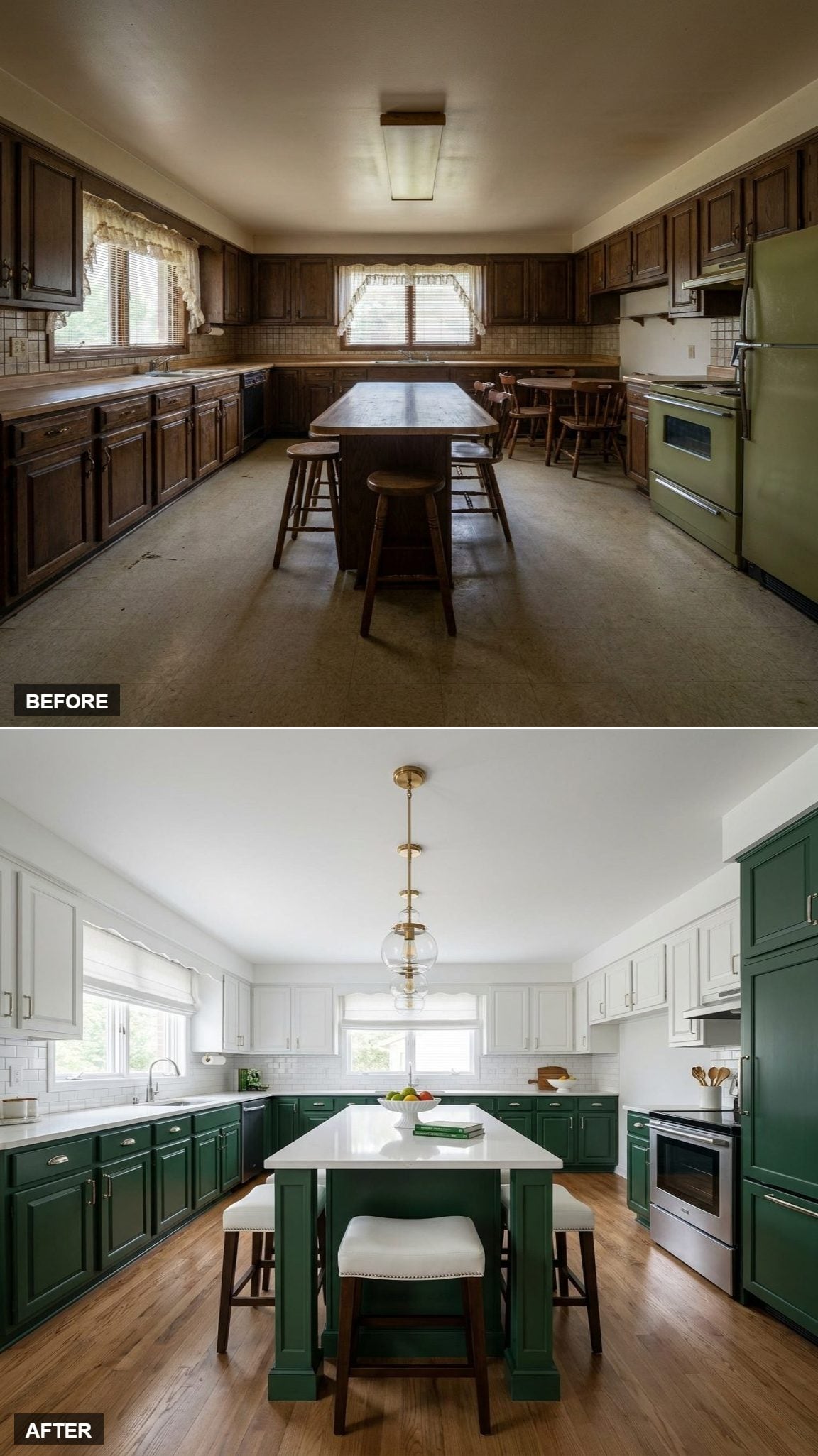 Forest Green Cabinets Split at the Counter Line, Brass Does the Rest