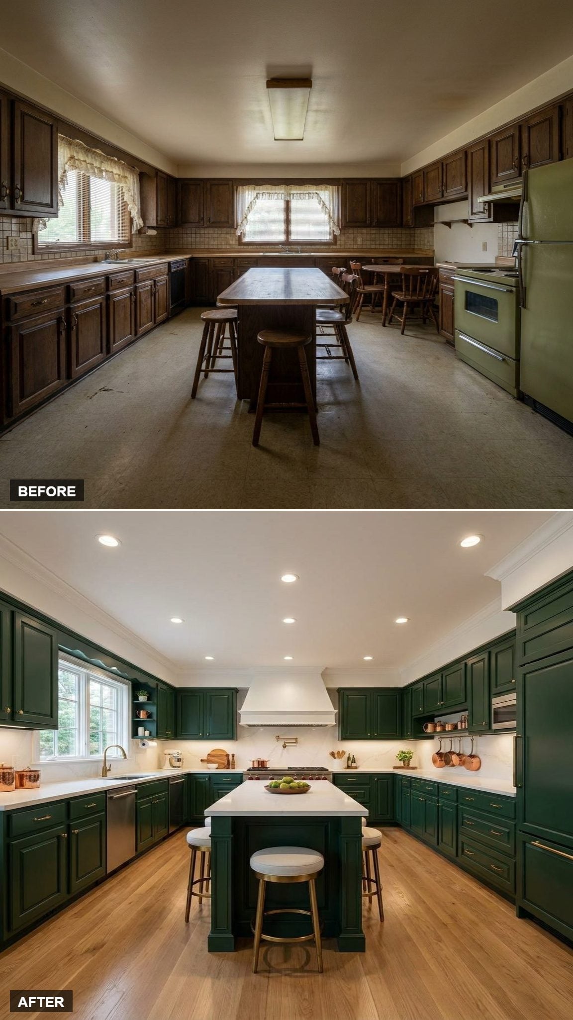 Forest Green Cabinets, White Quartz, and Recessed Lighting Pulled This Kitchen Into Focus