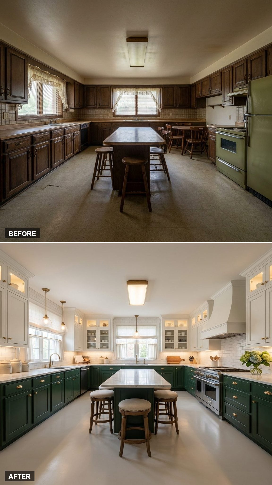 Forest Green Lower Cabinets Paired With White Uppers Changed Everything About Scale