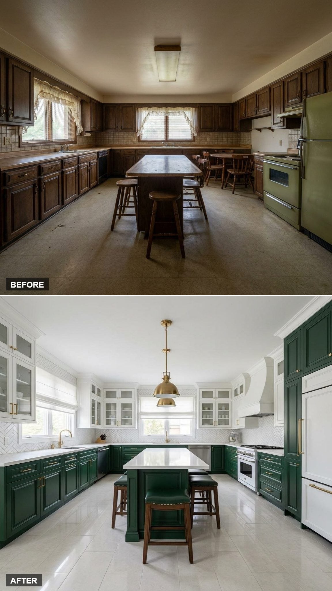Forest Green Lowers, Herringbone Backsplash, and a Pendant That Earns the Ceiling