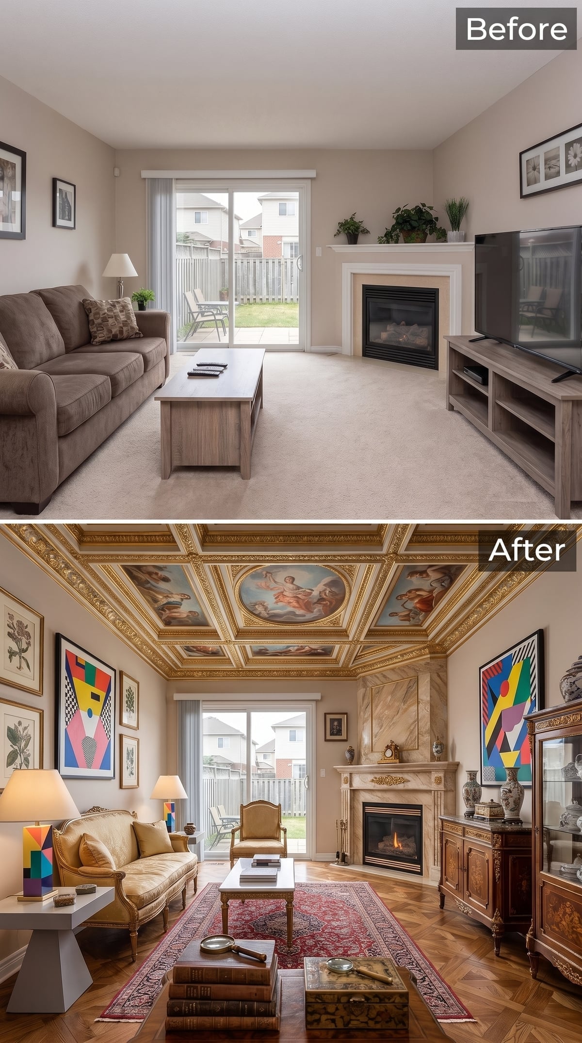 Fresco Ceiling Panels, a Marble Fireplace Surround, and Modern Art That Refuses to Apologize