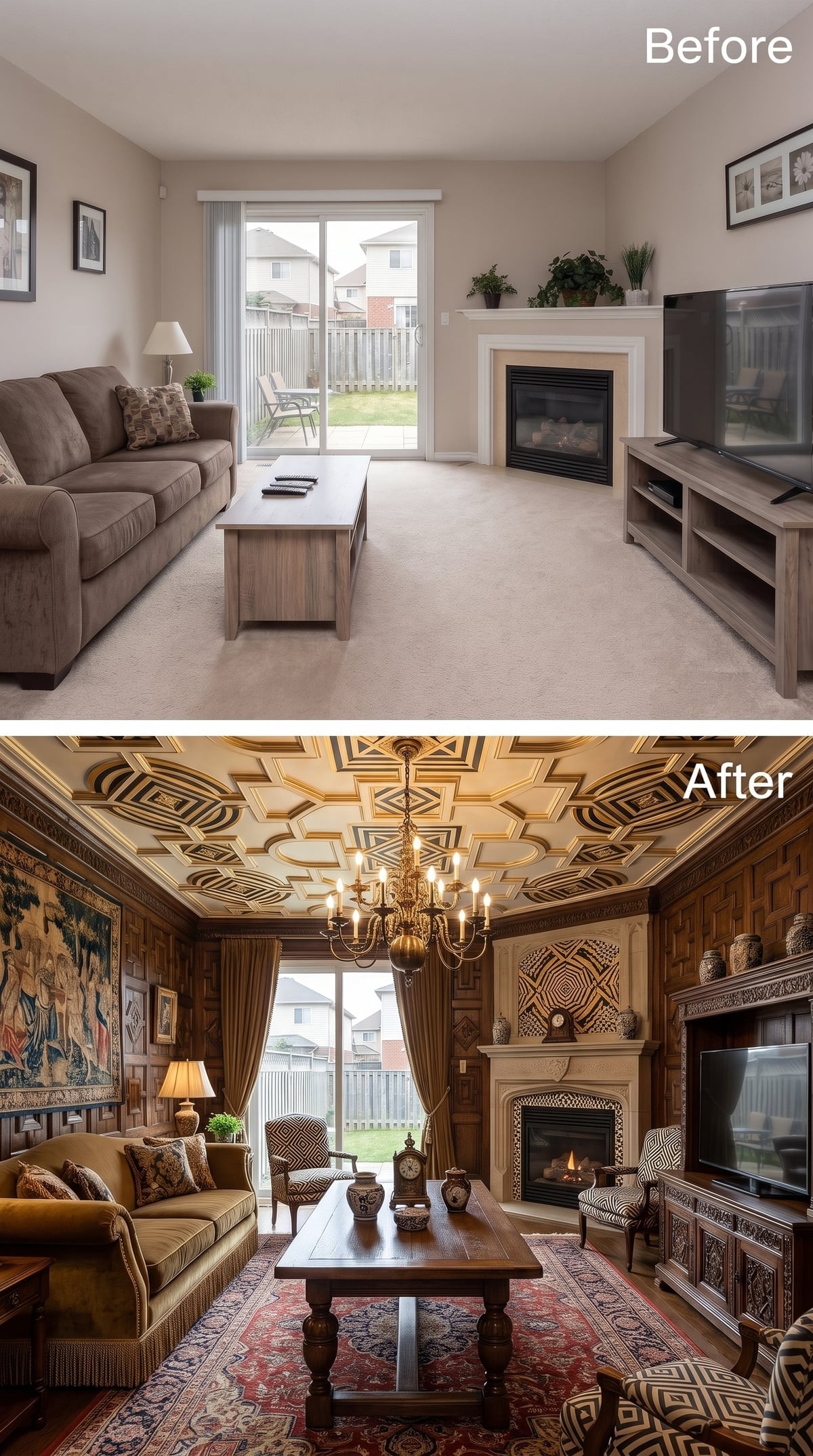Geometric Ceiling Panels, Persian Rugs, and a Fireplace Surround That Finally Got Serious