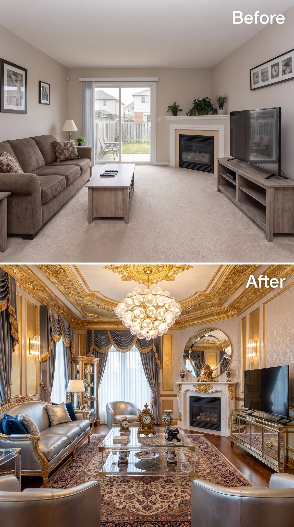 Gilded Ceiling Molding, Gray Silk Sofas, and a Fireplace Surround That Changed Everything