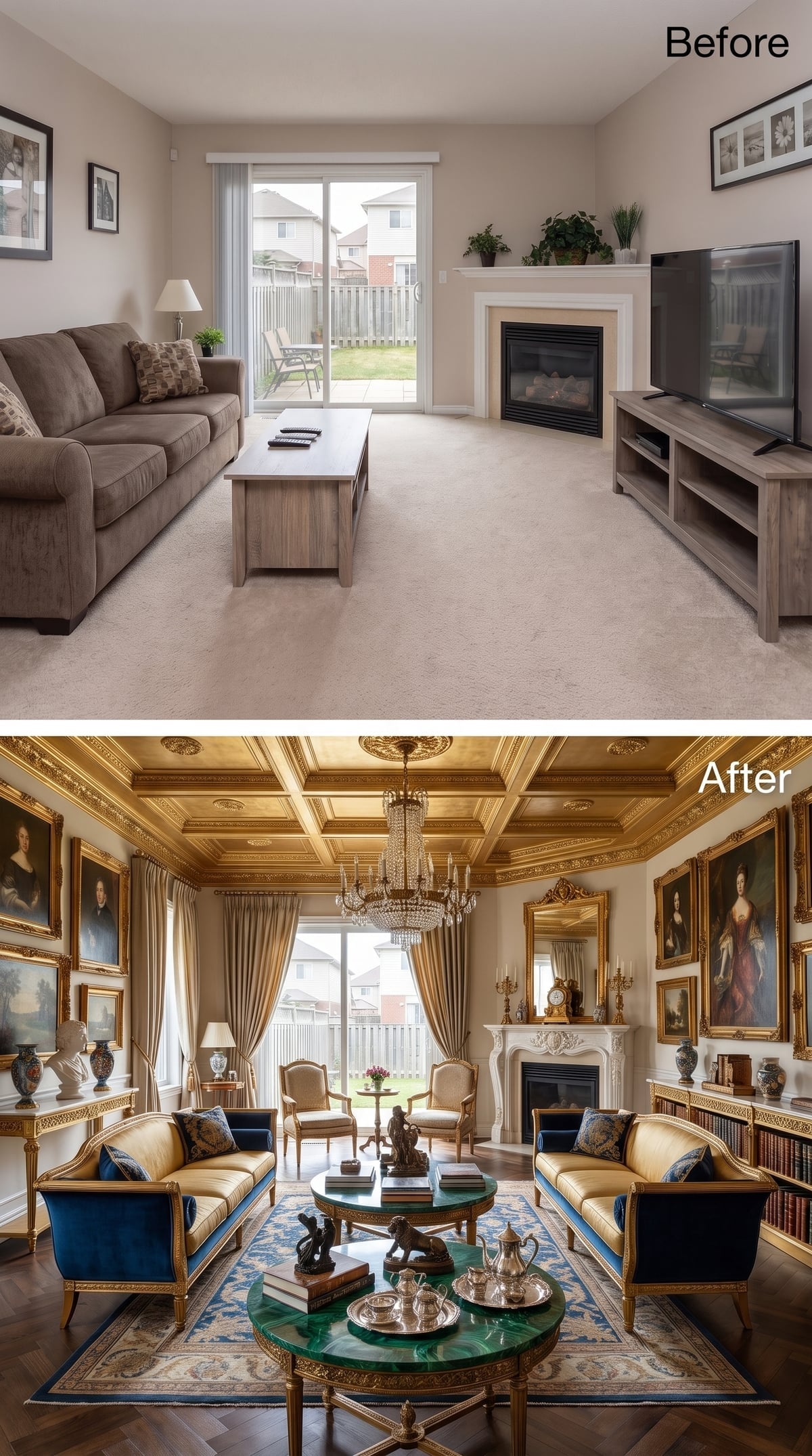 Gilded Coffered Ceiling, Malachite Center Table, and Portraits That Actually Belong Here