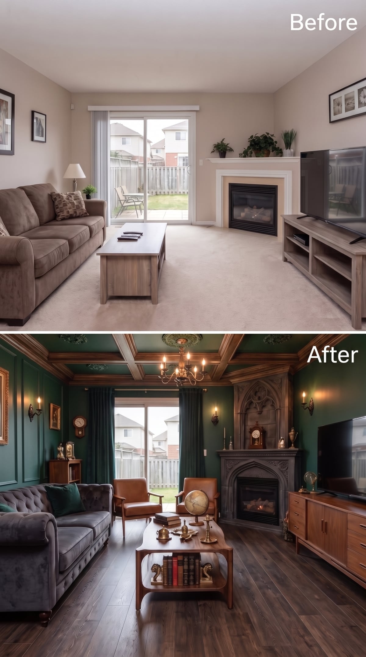 Gothic Fireplace Surround, Coffered Green Ceiling, and Brass Accents Worth the Wait