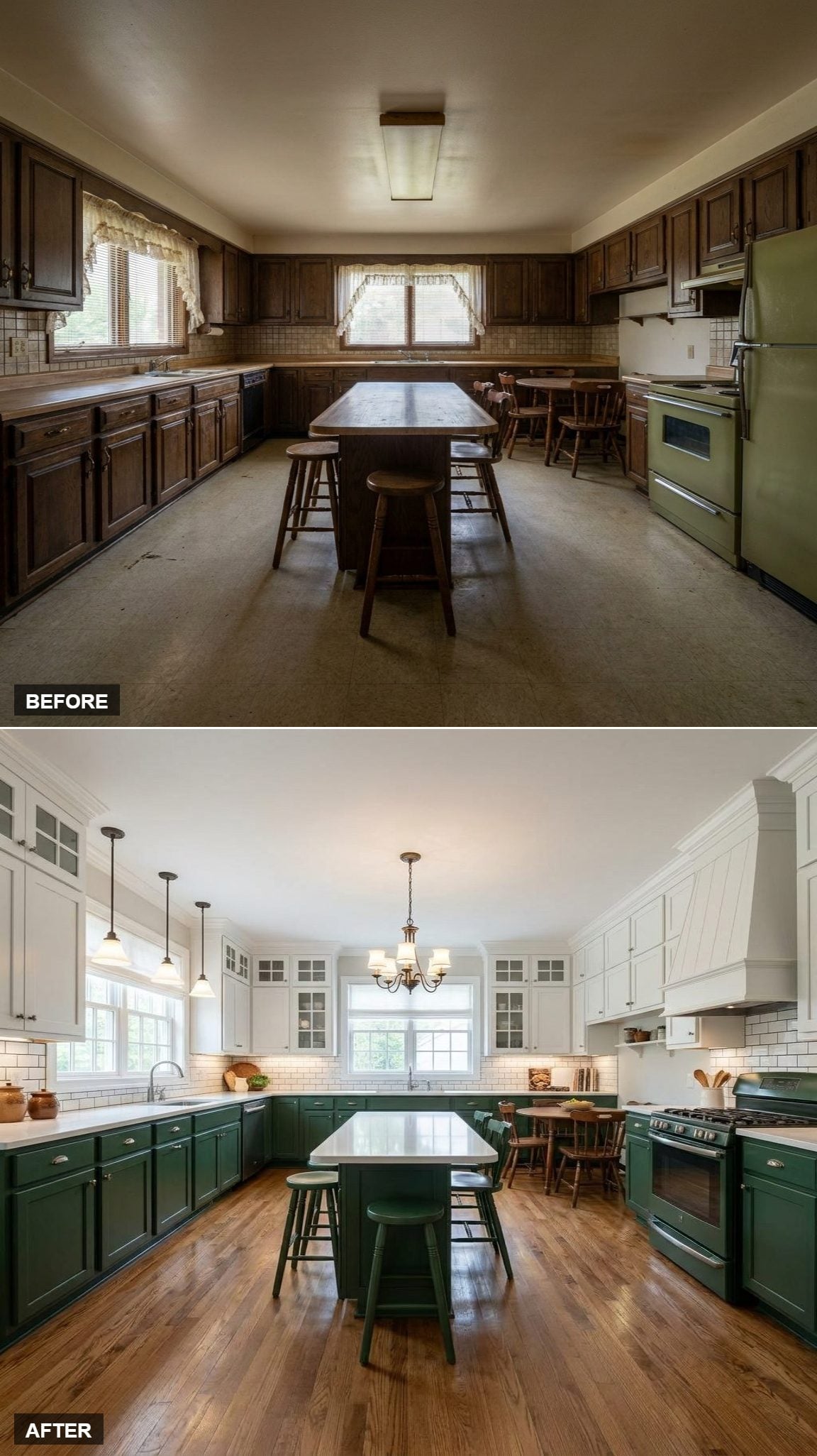 Hardwood Floors and a Chandelier Did What Single-Tone Kitchens Can't